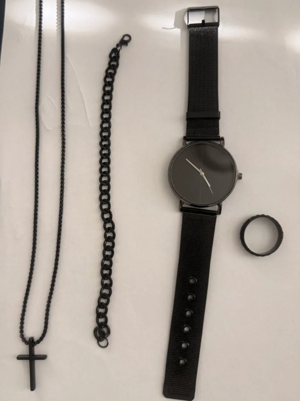 4pcs/set Men's all black Watch Jewelry Fashion Set